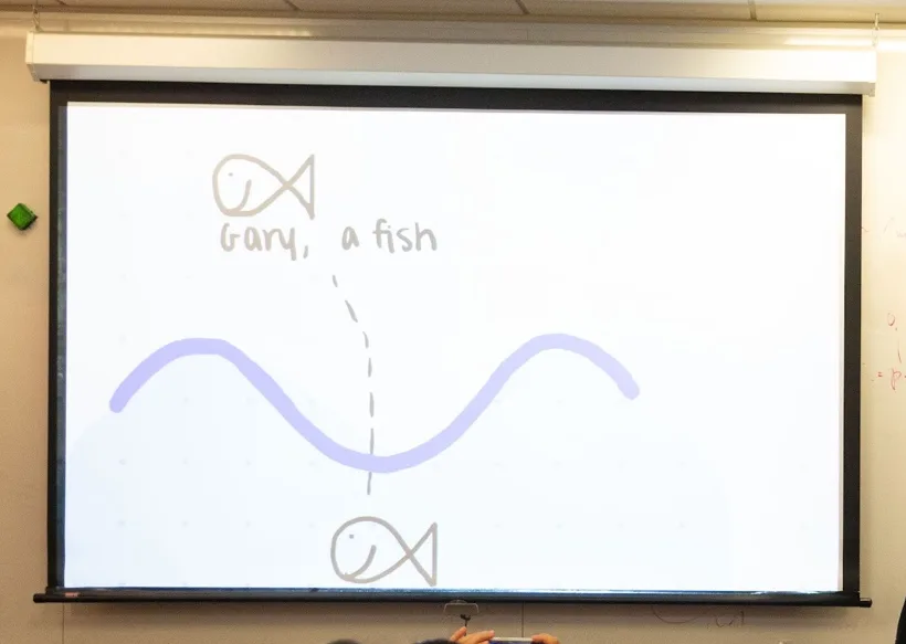 Left: another group’s estimation slide – not yet your typical spherical cow in the vacuum. Right: Gary the fish, our new family member! (right image)
