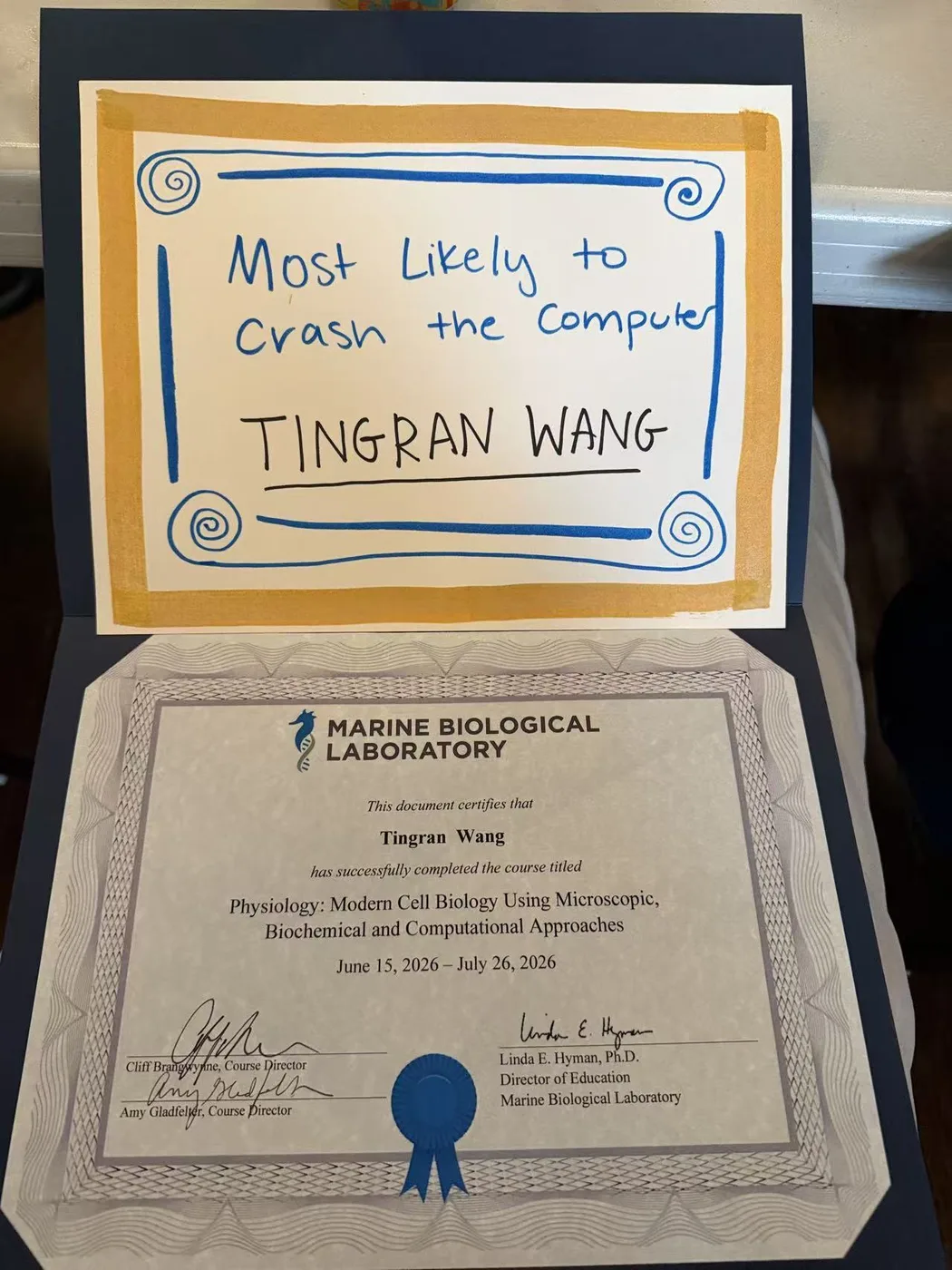 A Physio graduation certificate naming Tingran Wang the person most likely to crash a computer.